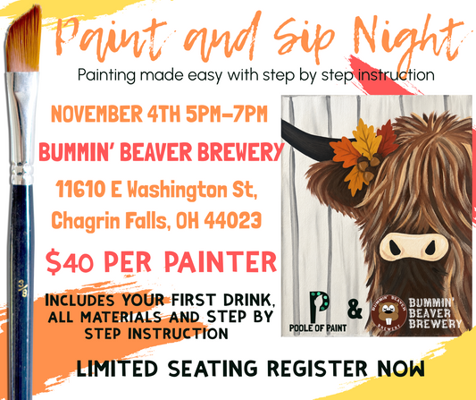Paint and Sip Night With Bummin’ Beaver Brewery November 4th 5PM - 7PM