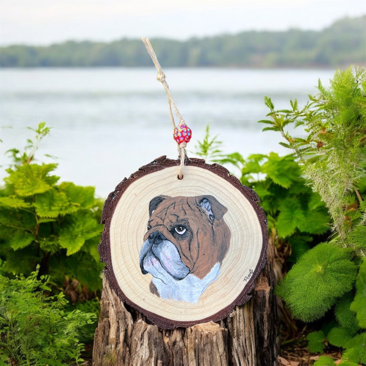 Hand Painted Bulldog Wood Slice Ornament