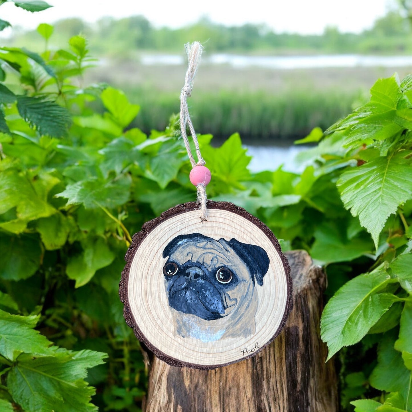 Hand Painted Pug Wood Slice Ornament