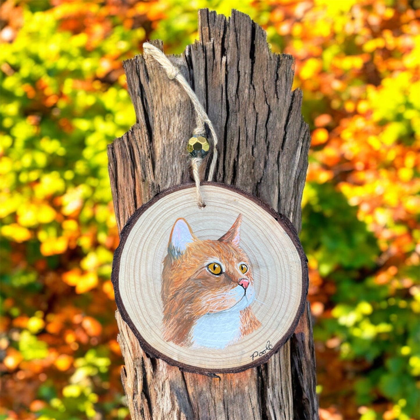 Hand Painted Orange Cat Wood Slice Ornament