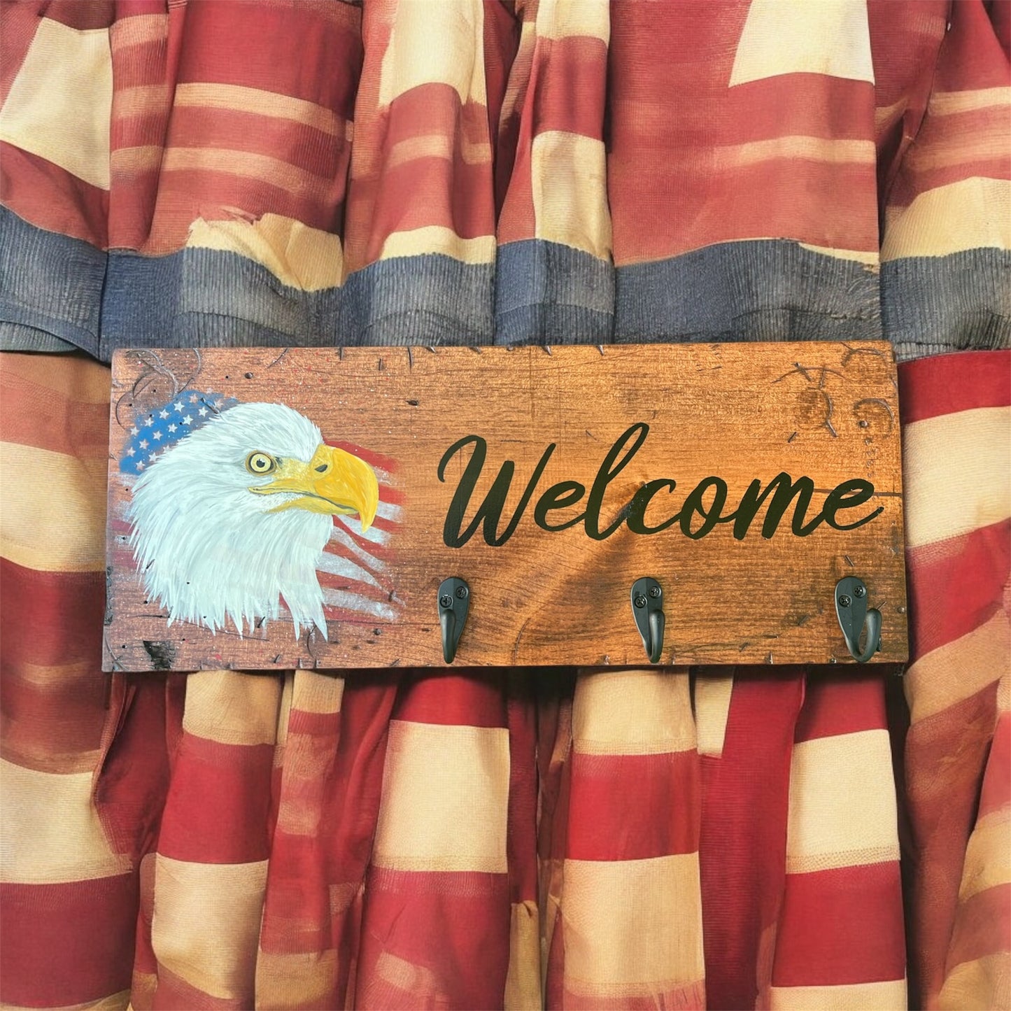 Hand Painted Eagle Welcome Wooden Sign - With Hooks