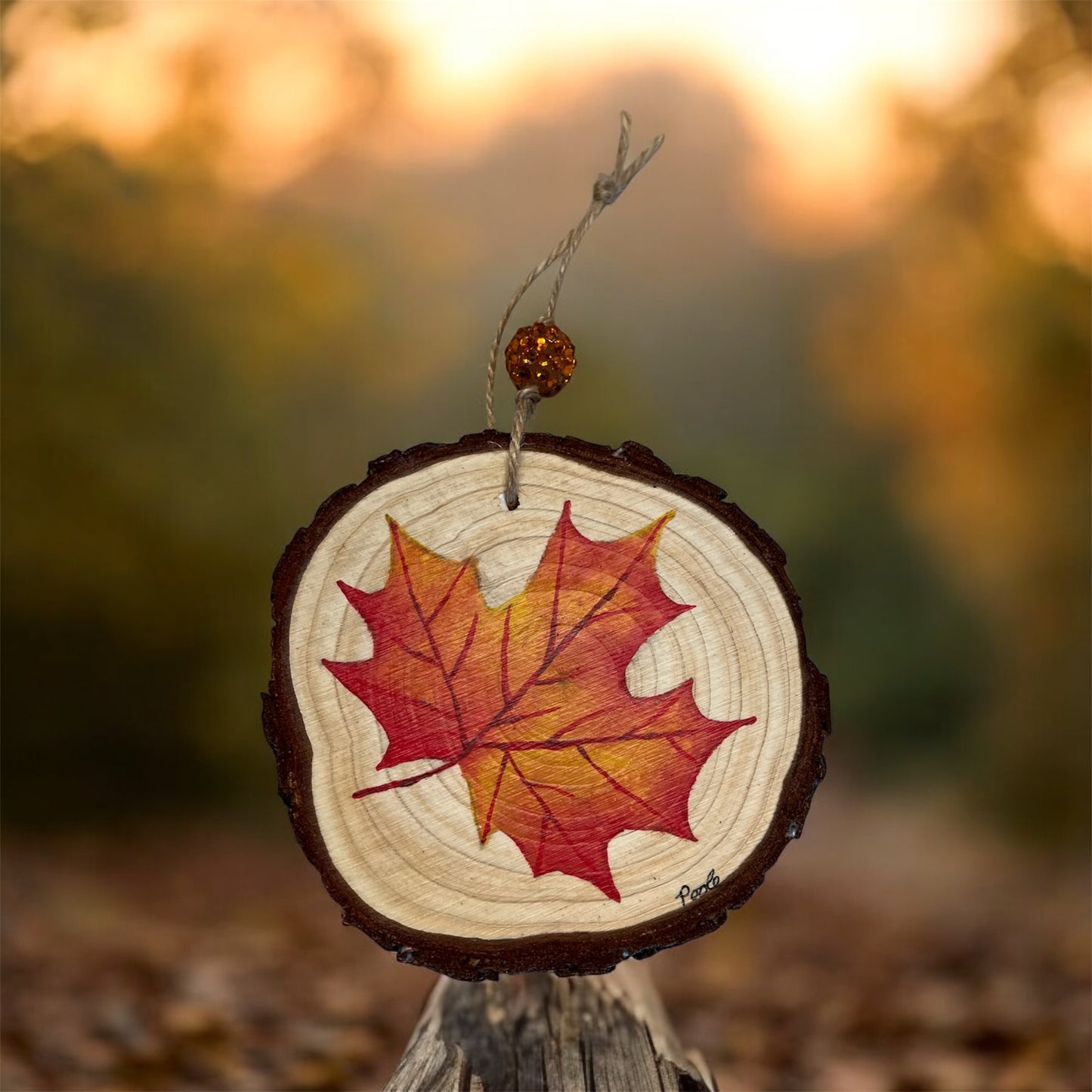 Hand Painted Maple Leaf Wood Slice Ornament