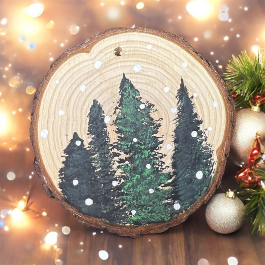 Hand Painted Pine Forest Wood Slice Ornament