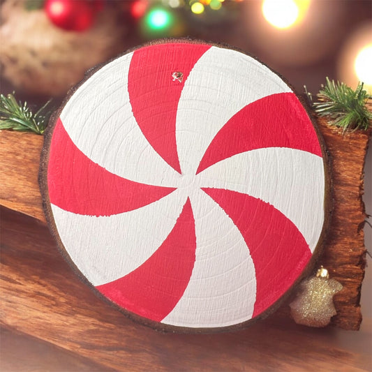 Hand Painted Peppermint Wood Slice Ornament