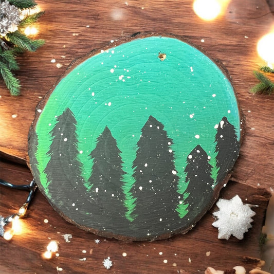 Hand Painted Pine Snowfall Wood Slice Ornament